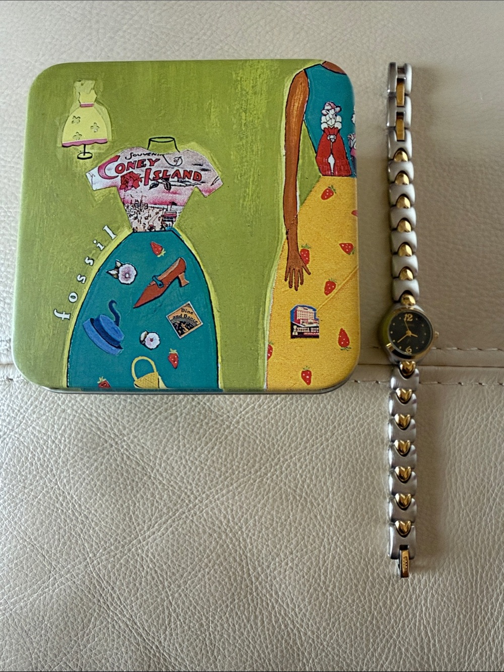 Fossil Gold/silver Watch with Lime Green & Teal Illustrated Tin Cosmetic Case.